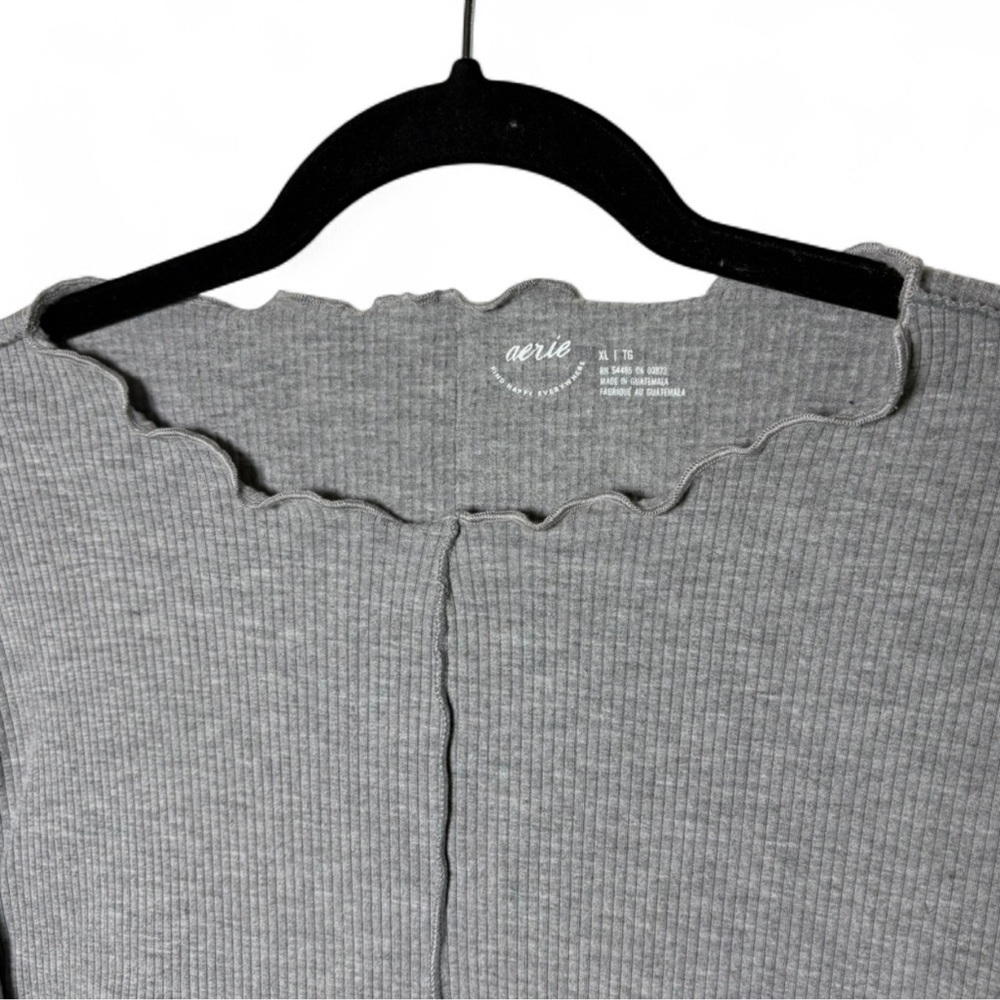 Aerie Grey Ribbed Long Sleeve Top XL Scallop Hem Casual Stretch Tee - Picture 3 of 7